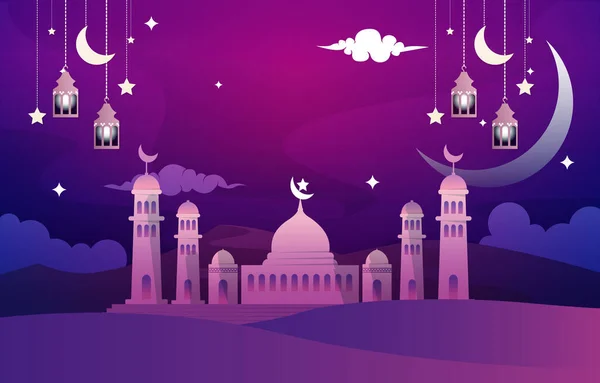 美しい夜のイードムバラク ラマダーン カレーム イスラムのお祝いイラスト — ストックベクタ