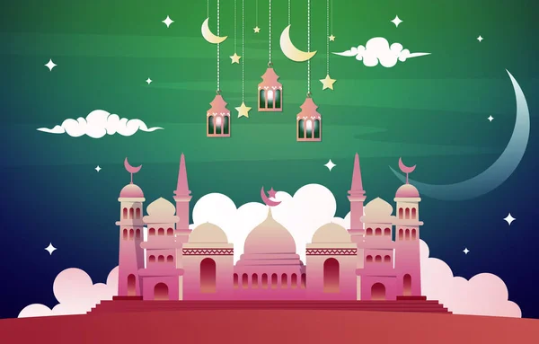 美しい夜のイードムバラク ラマダーン カレーム イスラムのお祝いイラスト — ストックベクタ