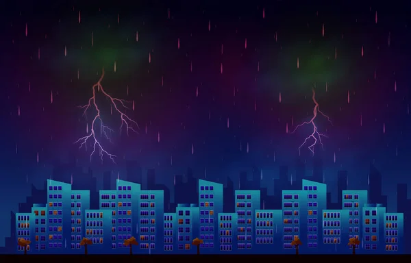 Tuono Tempesta Fulmine Pioggia Notte Città Costruzione Skyline Cityscape Illustrazione — Vettoriale Stock