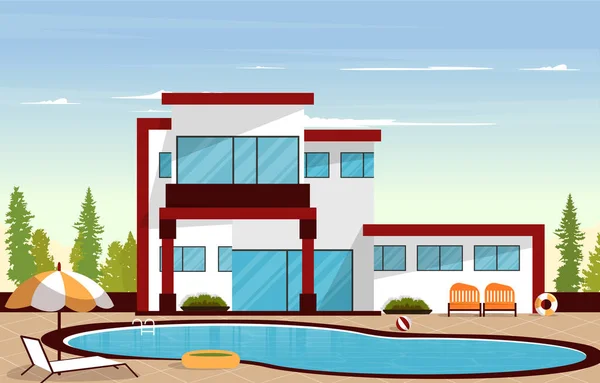Zwembad Luxe Huis Recreatie Ontspanning Flat Design Illustratie — Stockvector