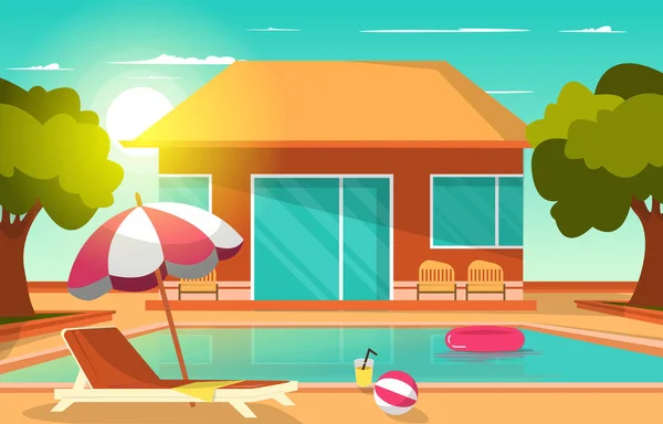 Buitenzwembad Huis Zomer Vrije Tijd Ontspanning Flat Design Illustratie — Stockvector