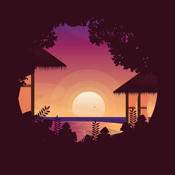 Hut Sunset Sun Resort Bali Holiday Landscape Circle View Illustration — Vector de stock