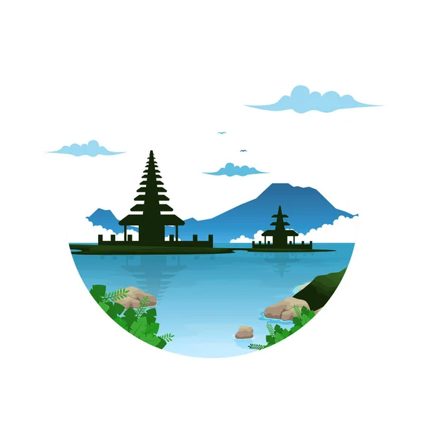 Schöne Insel Beratan See Bedugul Bali Landschaft Kreis Ansicht Illustration — Stockvektor