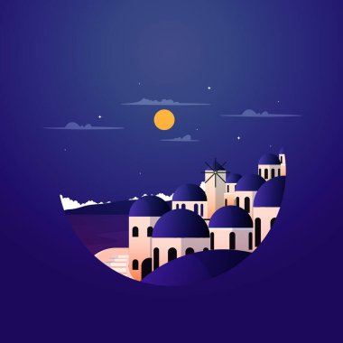 Gece Santorini Yunanistan Ege Deniz Tatili Seyahat Çemberi Amblemi