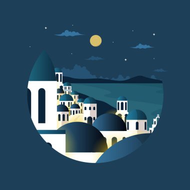 Gece Santorini Yunanistan Ege Deniz Tatili Seyahat Çemberi Amblemi