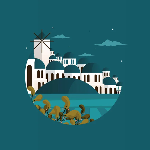 Night Santorini Greece Aegean Sea Vacation Travel Tour Circle Emblem — Stock Vector