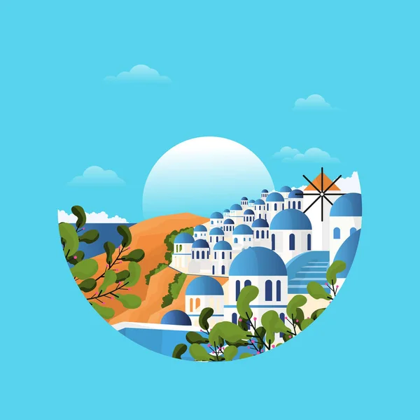 Santorini Greece Aegean Sea View Vacation Travel Tour Circle Emblem — Stock Vector