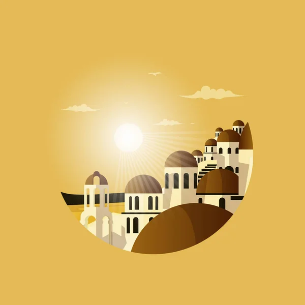 Günbatımı Santorini Yunanistan Ege Deniz Tatili Seyahat Çemberi Amblemi — Stok Vektör
