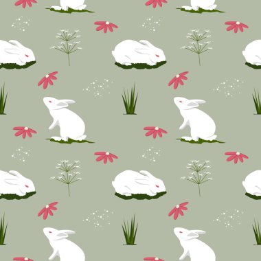 Kusursuz Şablon Tekrarlanabilir Doku Yaz Baharı Şirin Tavşan Doğa