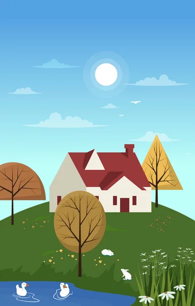 Little House Krásný Letní Venkovské Příroda Krajina View Dárkové Poukazy — Stockový vektor