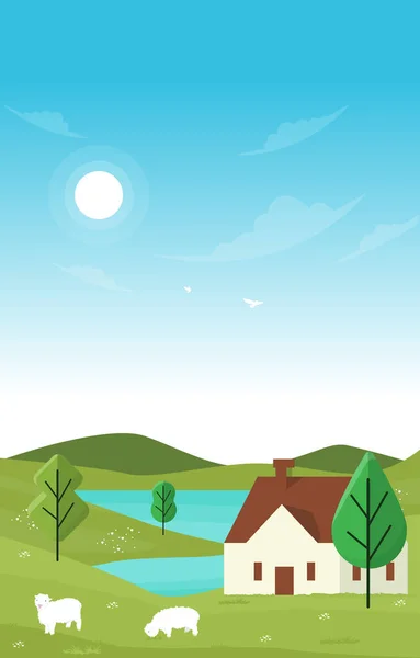 小屋山湖美丽的夏季乡村自然景观设计卡 — 图库矢量图片