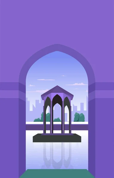 Hermoso Jardín Paisaje Estanque Gazebo Ramadán Islámico Kareem Tarjeta Felicitación — Archivo Imágenes Vectoriales