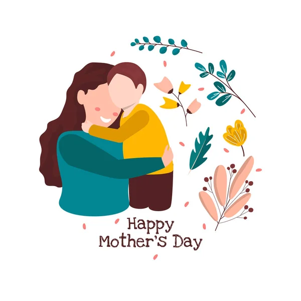 Feliz Dia Das Mães Filho Criança Flor Floral Plana Ilustração —  Vetores de Stock