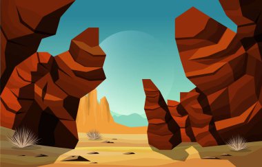 Sunset in Western American Rock Cliff Vast Desert Landscape Illustration