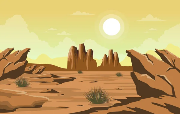 Bright Sun Western American Rock Cliff Vast Desert Landscape Illustration — Vetor de Stock