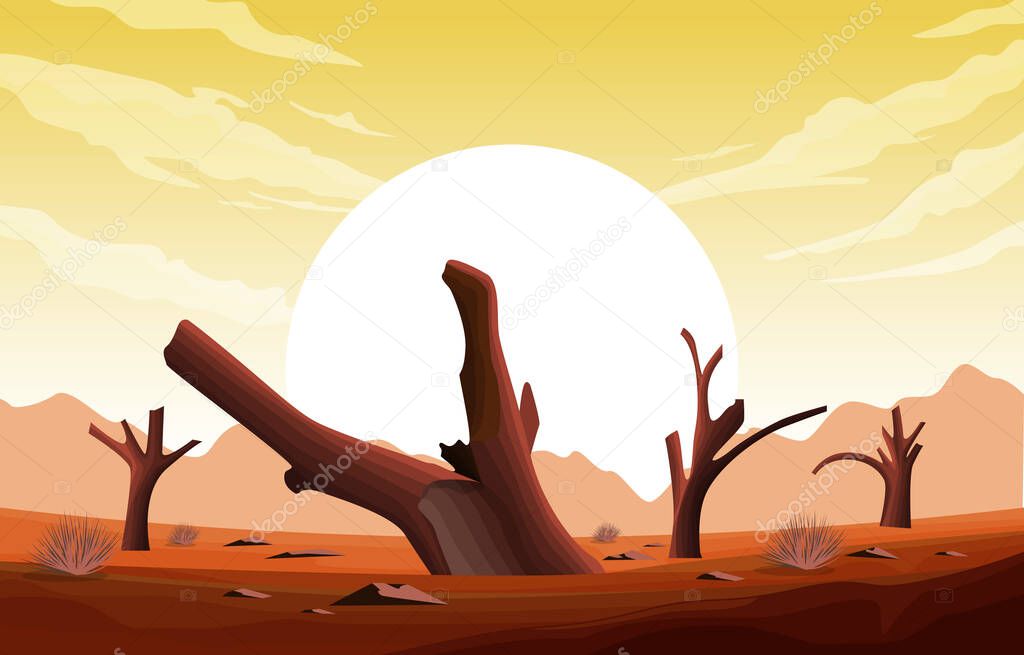 Horizon Sky Western American Dead Tree Vast Desert Landscape Illustration