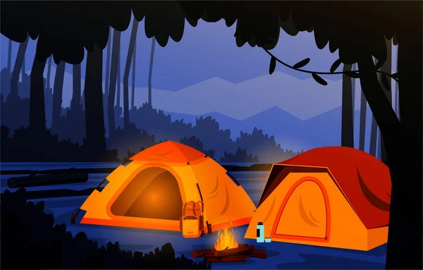 Campamento Noche Vacaciones Tienda Aventura Aire Libre Naturaleza Paisaje — Vector de stock