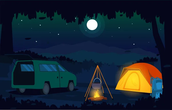 Holiday Night Camp Tent Outdoor Adventure Nature Landscape — Stock Vector