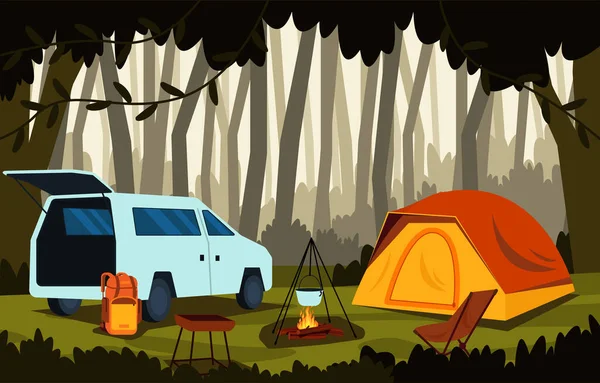 Camp Été Tente Plein Air Jungle Nature Aventure Vacances — Image vectorielle