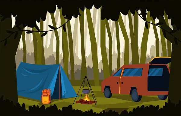 Campamento Verano Tienda Aire Libre Selva Naturaleza Aventura Vacaciones — Vector de stock