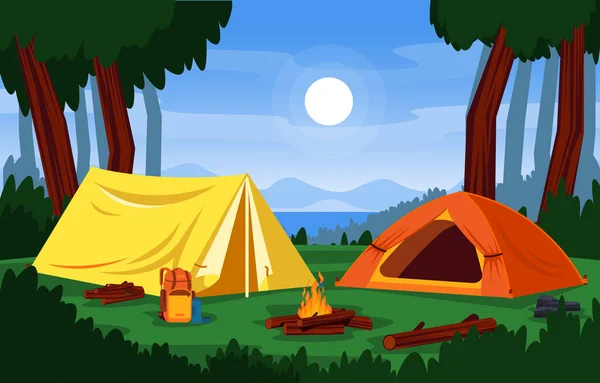 Summer Camp Tent Outdoor Lake Nature Adventure Holiday — Stock Vector