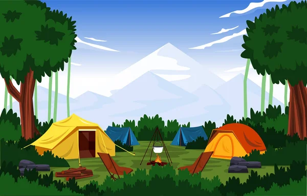 Летний Лагерь Палатка Открытом Воздухе Горы Приключения Праздник — стоковый вектор