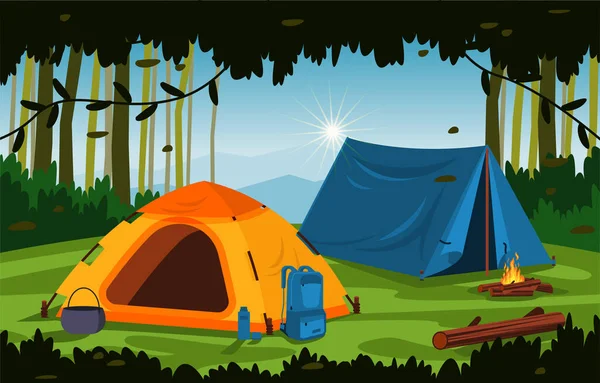 Campamento Verano Tienda Aire Libre Montaña Naturaleza Aventura Vacaciones — Vector de stock