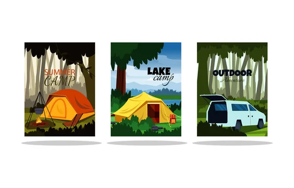 暑期露营帐篷户外冒险卡模板 — 图库矢量图片