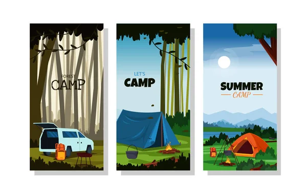 Summer Camp Tenda Natureza Aventura Modelo Cartão Férias — Vetor de Stock