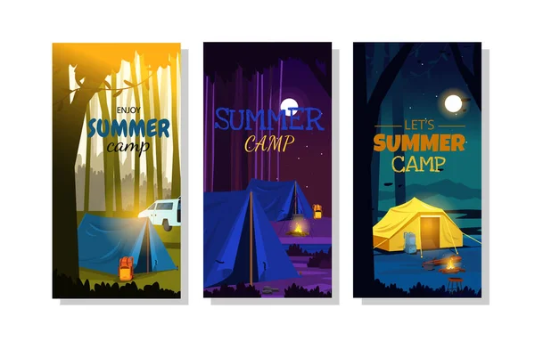 Modèle Carte Vacances Nature Tente Camping Heure Été — Image vectorielle