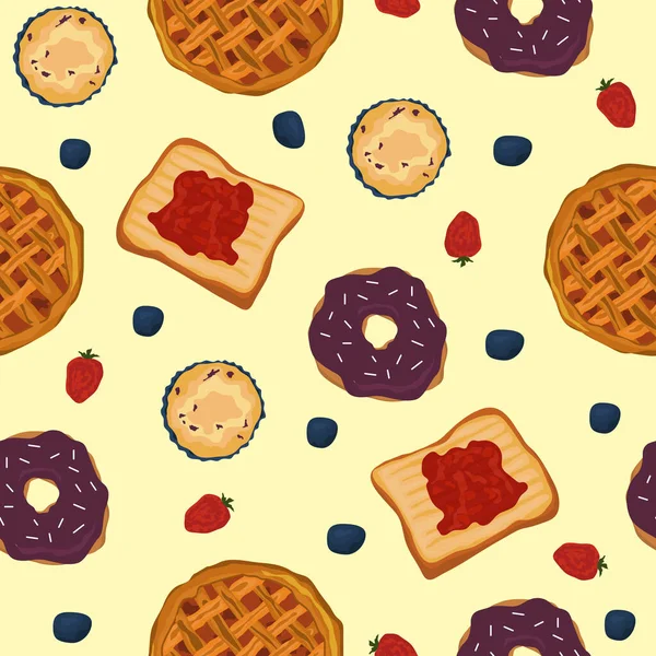 Seamless Pattern Breakfast Food Jam Bread Fruit Pie — ストックベクタ