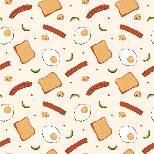 Seamless Pattern Breakfast Food Egg Bread Sausage — 스톡 벡터