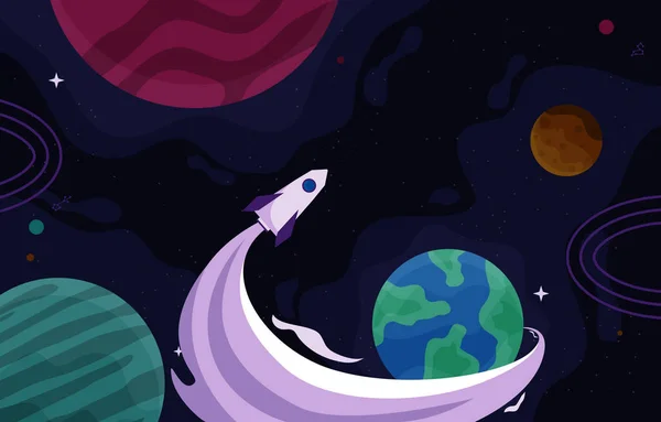 Rocket Outer Space Craft Planet Stars Ilustração Aventura — Vetor de Stock