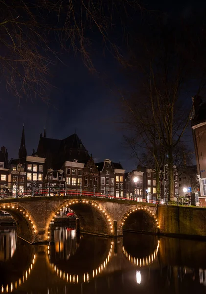 Casas Amsterdã Canal Holanda Holanda Noite Foto Alta Qualidade — Fotografia de Stock