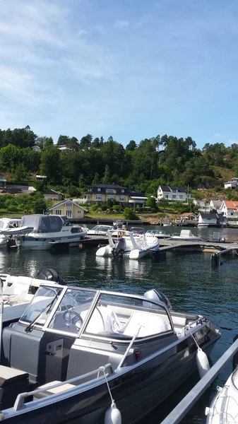 Navires Dans Petit Port Avec Des Arbres Arrière Plan Norvège — Photo