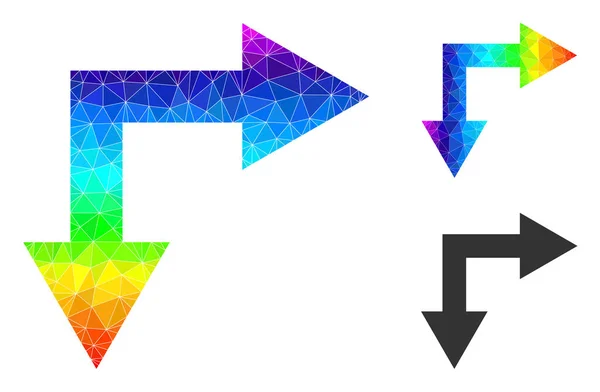 Freccia biforcazione poligonale vettoriale verso il basso Icona con sfumatura colorata spettrale — Vettoriale Stock