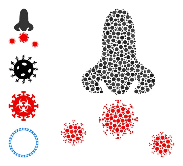 Virus de la nariz punteada Collage de puntos redondos con otros iconos — Vector de stock