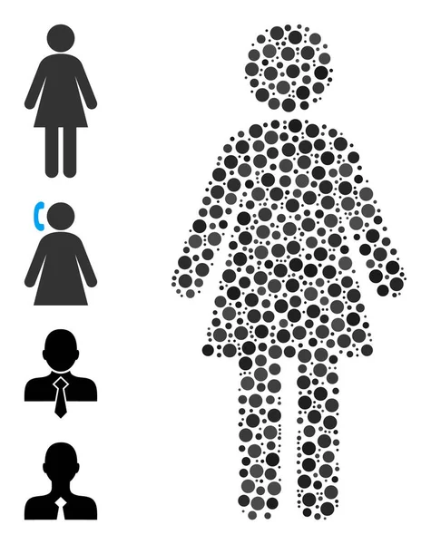 Mujer punteada mosaico de puntos redondos con iconos similares — Vector de stock