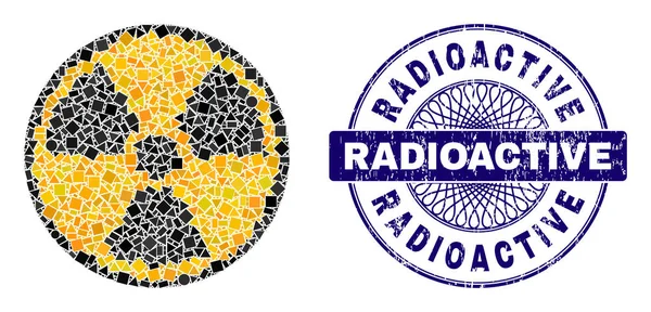 Teksturowana pieczęć znacznika radioaktywnego i geometryczna mozaika promieniotwórcza — Wektor stockowy