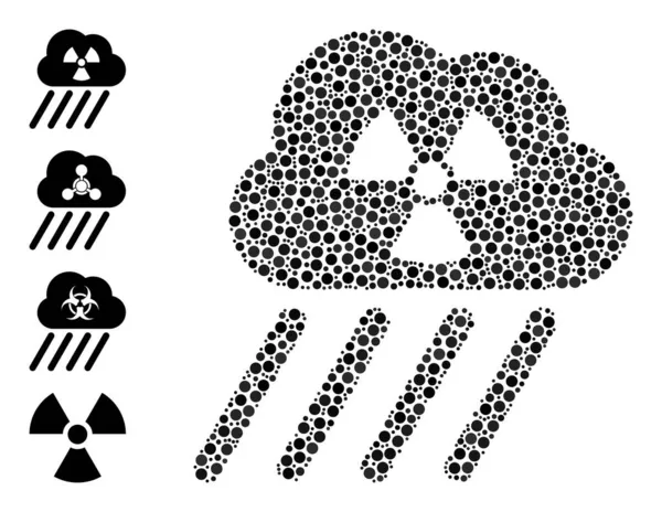 Tečkovaná radioaktivní dešťová koláž kruhových teček s podobnými ikonami — Stockový vektor