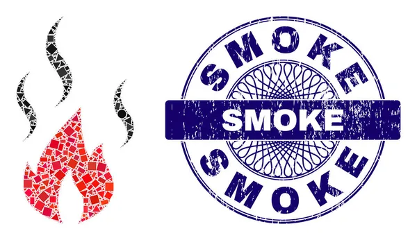 Textured Smoke Stamp Seal and Geometric Fire Smoke Mosaic — Stock Vector