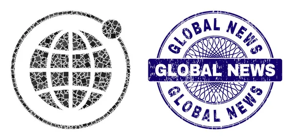 Rubber Global News Stamp and Geometric Planet Orbit Mosaic — 스톡 벡터