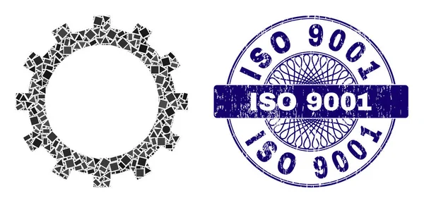 Zdrapane ISO 9001 Pieczęć i geometryczne biegów Mozaika — Wektor stockowy