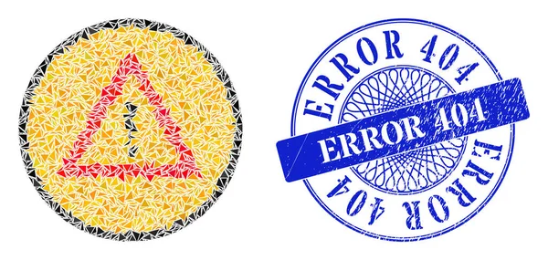 Grunge Error 404バッジと三角警告サインモザイク — ストックベクタ