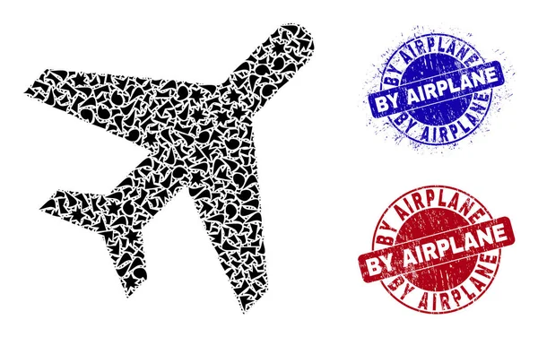 飛行機による破片の飛行機モザイク織物ゴムの刻印 — ストックベクタ