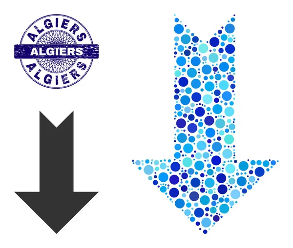 Distress ALGER Sceau Guilloché rond et flèche vers le bas Collage Icône de points ronds — Image vectorielle