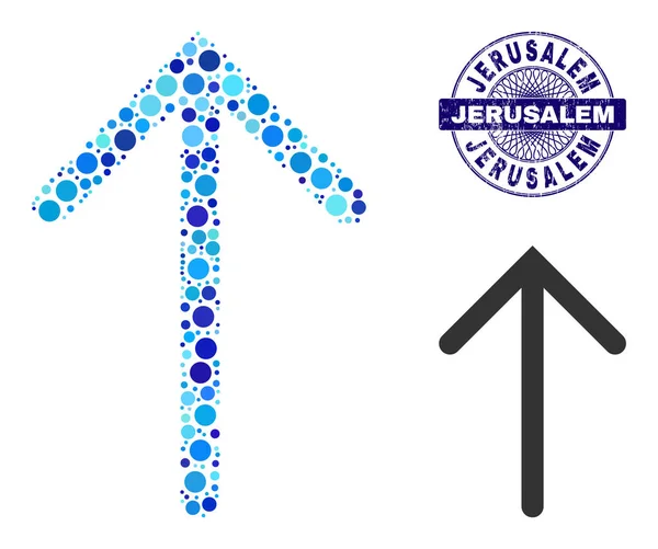 Sello de guilloche redondo JERUSALEM texturizado e ícono de composición de flecha hacia arriba de puntos redondos — Vector de stock