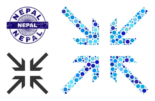 Розбитий NEPAL Round Guilloche Seal Stamp and Collide Arrows Composition Icon of Round Dots — стоковий вектор
