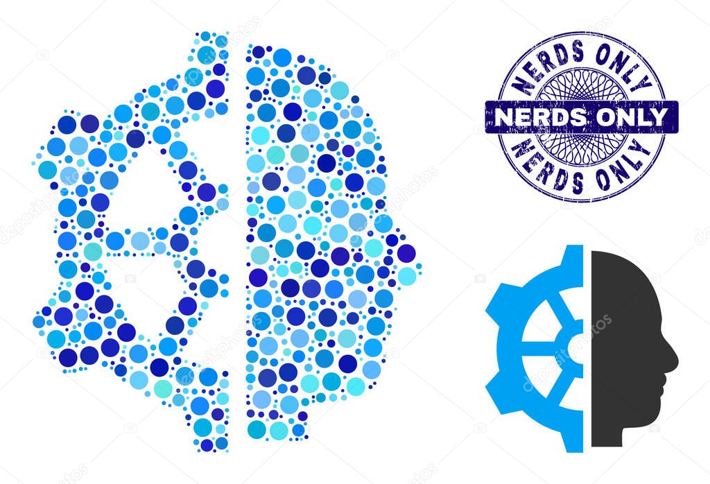 Grunge NERDS ONLY Round Guilloche Seal Stamp and Cyborg Gear Mosaic Icon of Round Dots