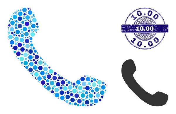 Texturierte 10.00 Round Guilloche Seal Stempel und Telefonhörer Collage Icon of Round Dots — Stockvektor